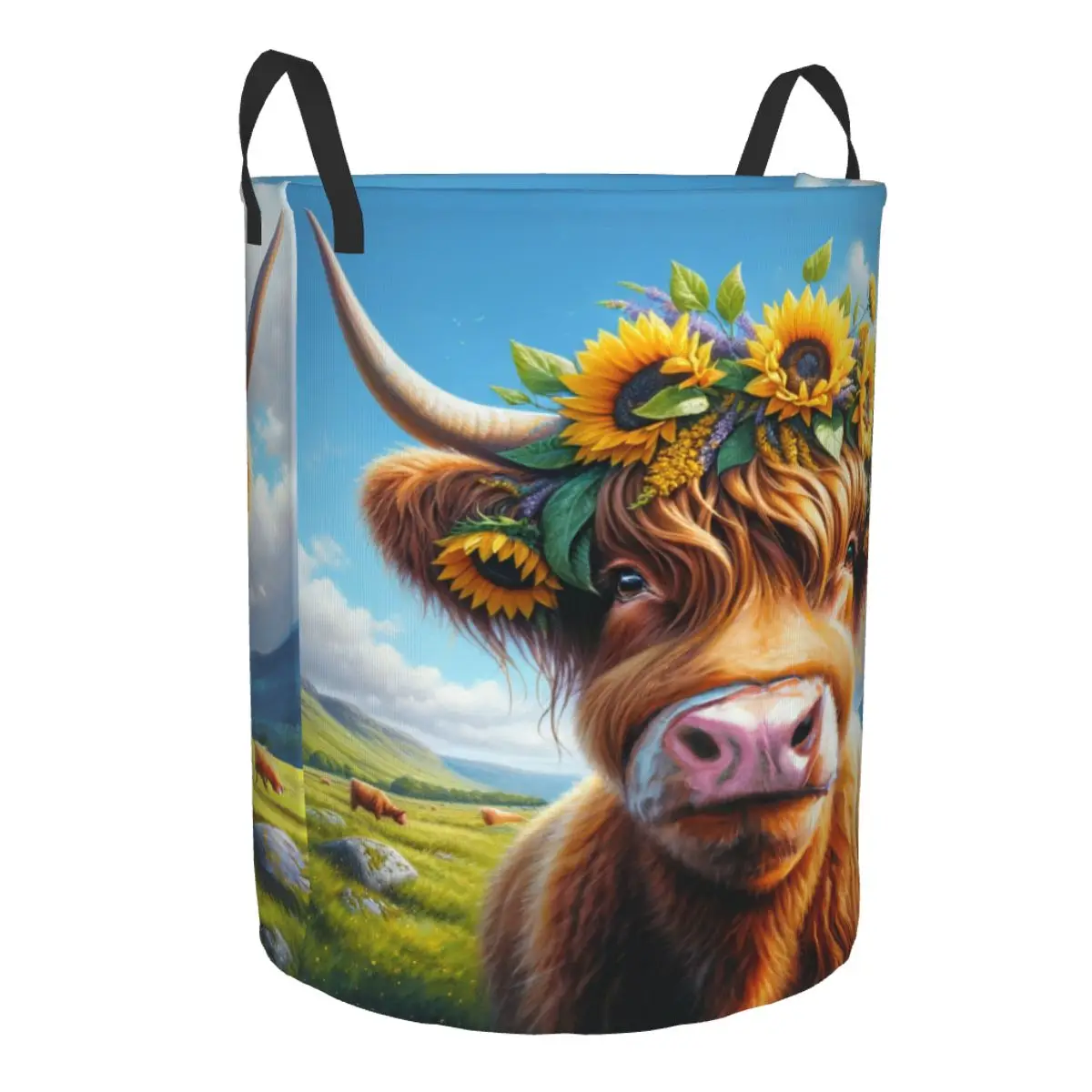 Custom Highland Cow And Floral Laundry Basket Foldable Clothes Hamper for Baby Kids Toys Storage Bin