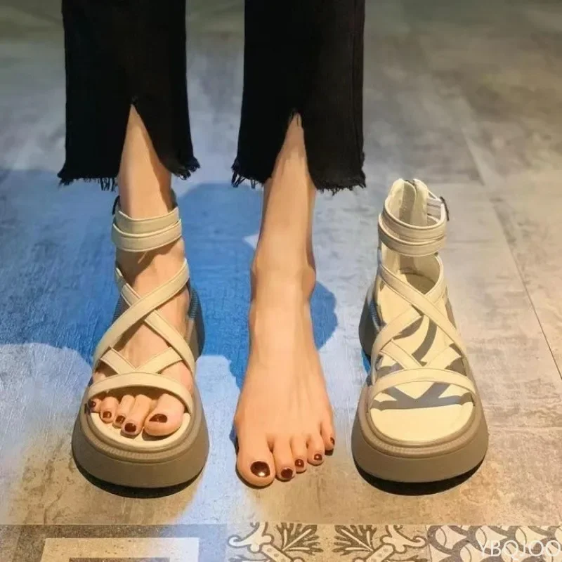 Fashionable Thick Bottom Sponge Cake Bottom Sandals for Women's Summer Style Versatile Hollow Cross Fine Strap Zipper Sandals