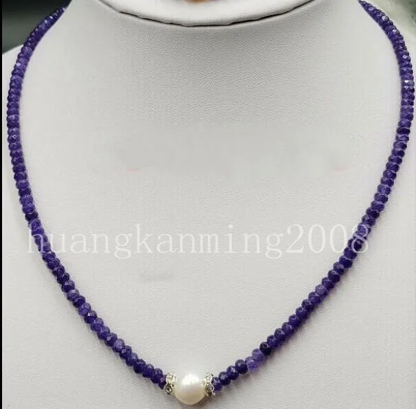 

9-10mm White Freshwater Pearl & 2x4mm Faceted Amethyst Necklace 18"AAA