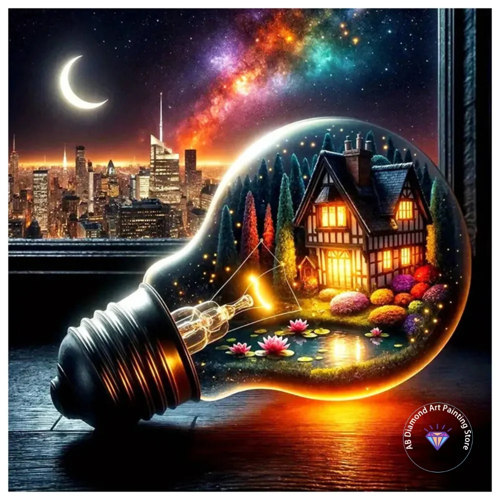 

Light bulb Moon Architecture Landscape AB Diamond Painting Kit Square Round Diamond 5D DIY Mosaic Handmade Art Gift Home Decor
