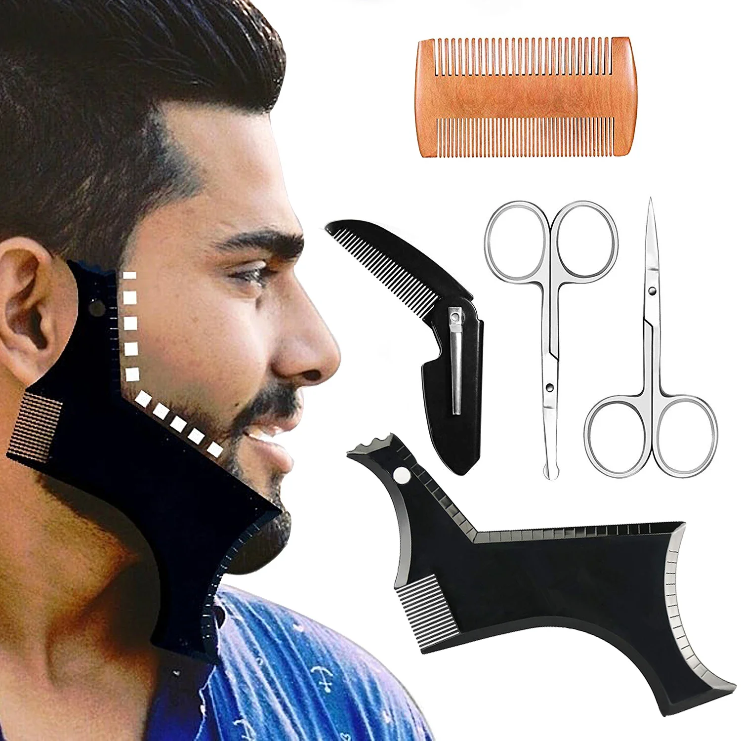 Beard Kit Man Beard Care Set Beard Styling Comb Double-sided Wooden Comb 2Pcs Small Scissors Trumpet Folding Comb Combination