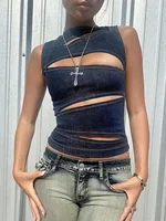 Women's Sleeveless Round Neck Vest Summer Solid Color Hollow Slim Vest Top Fashion Sexy Streetwear Women's Slim Vest Top - Image 2
