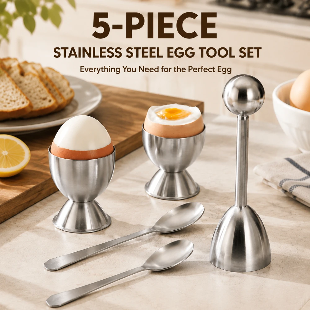 Egg Cups & Cracker Set of 5 - Stainless Steel Egg Topper Cutter, 2 Egg Holders for Soft Boiled Egg, 2 Egg Spoons for Boiled Egg