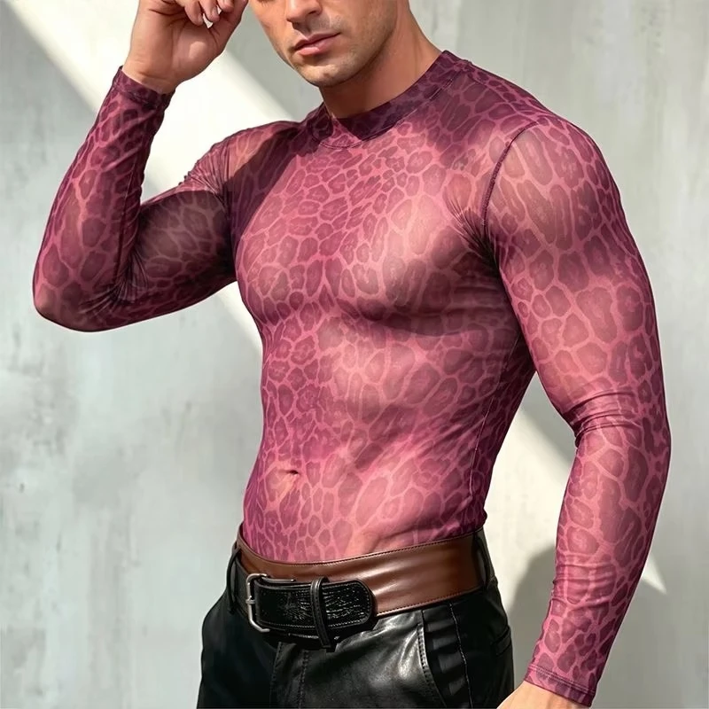 Men's Animal Print Sheer Mesh Long Sleeve Shirt Snake Leopard Pattern   Fit Round Neck Tops Gothic Party Layering T-shirt
