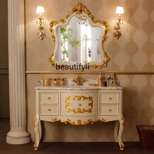 

ls 42European bathroom cabinet red oak hand wash basin cabinet combination marble washstand floor