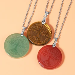 CSJA Natural Stone Round Pendant Necklace Carved 7 Chakra Tree of Life Flower of Life Crystal Trendy Necklaces Jewelry H256