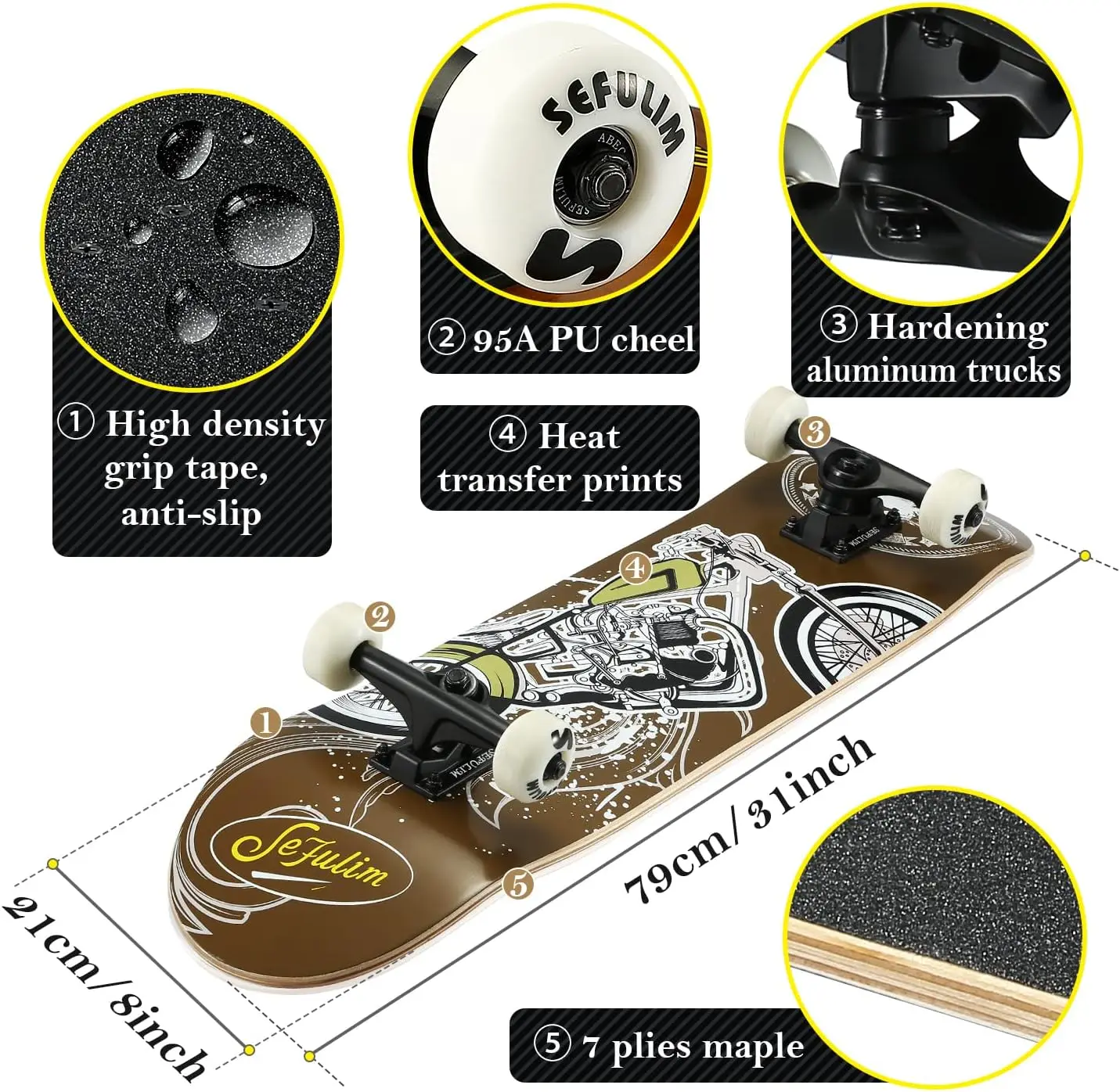 لوح تزلج كامل مقاس 31 × 8 بوصة مع سطح مزدوج، خشب القيقب مكون من 7 طبقات للأولاد والبنات والمراهقين والبالغين والمبتدئين #3