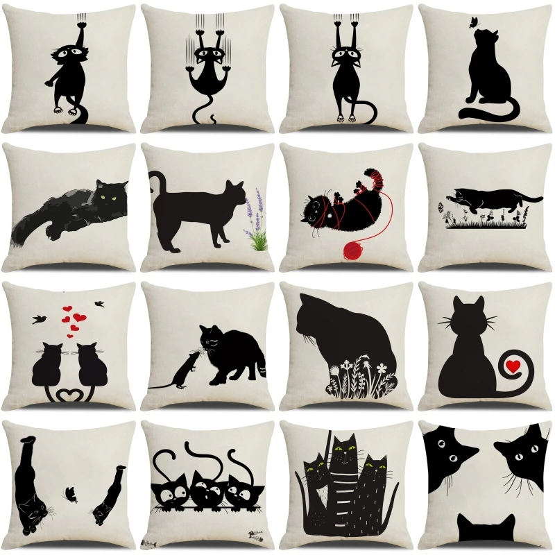 

Funny Cats Printed Cushion Cover 45x45cm Linen Pillow Case Farmhouse Home Office Decor Throw Pillowcase Pillow Cover for Pillows