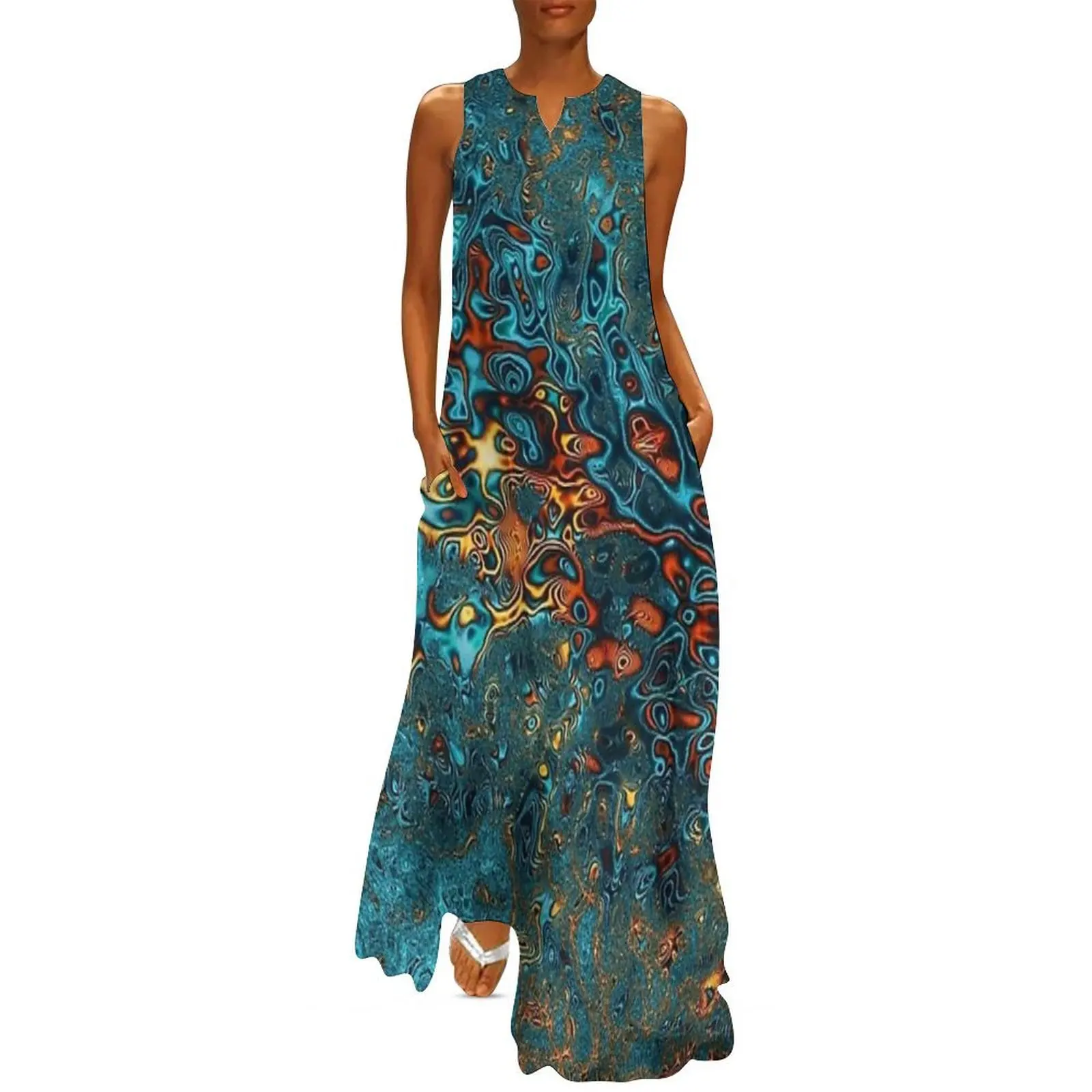

Abstract Teal & Gold Psychedelic Fractal Galaxy Long Dress dresses for woman 2025 summer dress women 2025