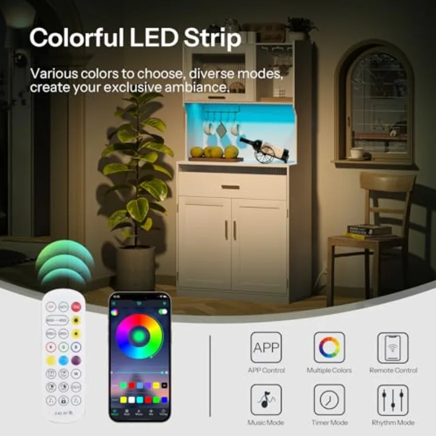 خزانة مخزن 67 خزانة تخزين مخزن المطبخ مع أضواء LED ومحطة شحن خزانة القفص الحديثة مع ستان الميكروويف