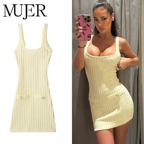 MUJER 2025 vestidos cortos de punto para mujer, minivestido ajustado para mujer, Vestido de playa sin espalda, vestido de verano sin mangas para mujer