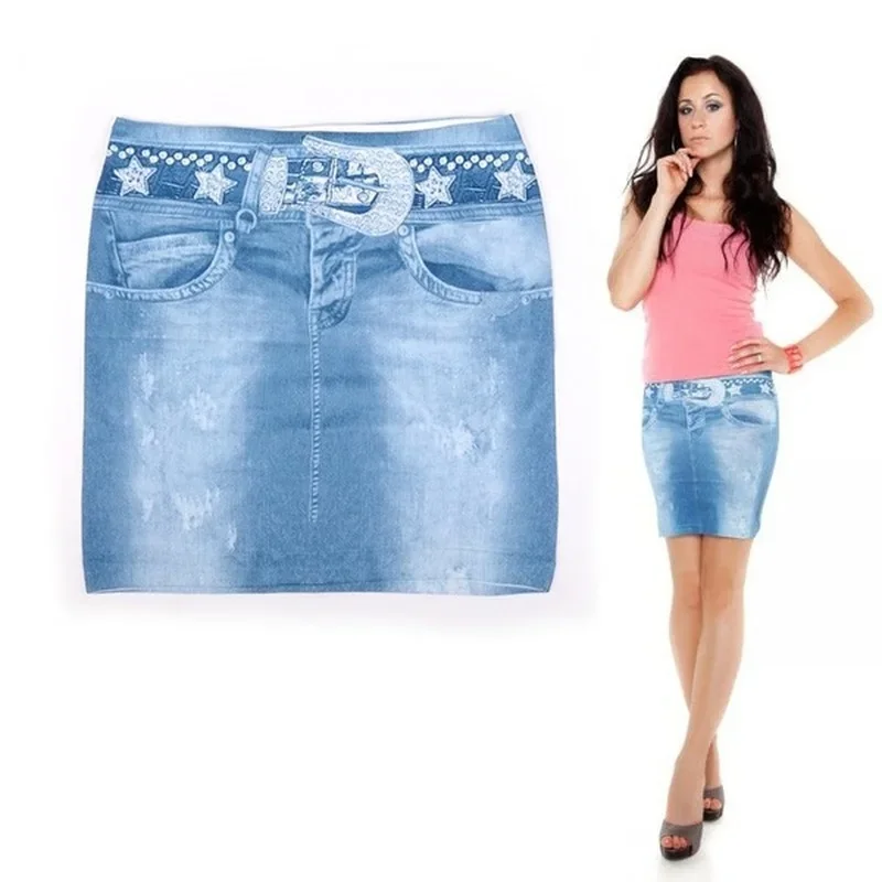 Sexy Ladies Blue Skinny Jeans Elastic Imitation Denim Bag Hip Short Mini Skirt