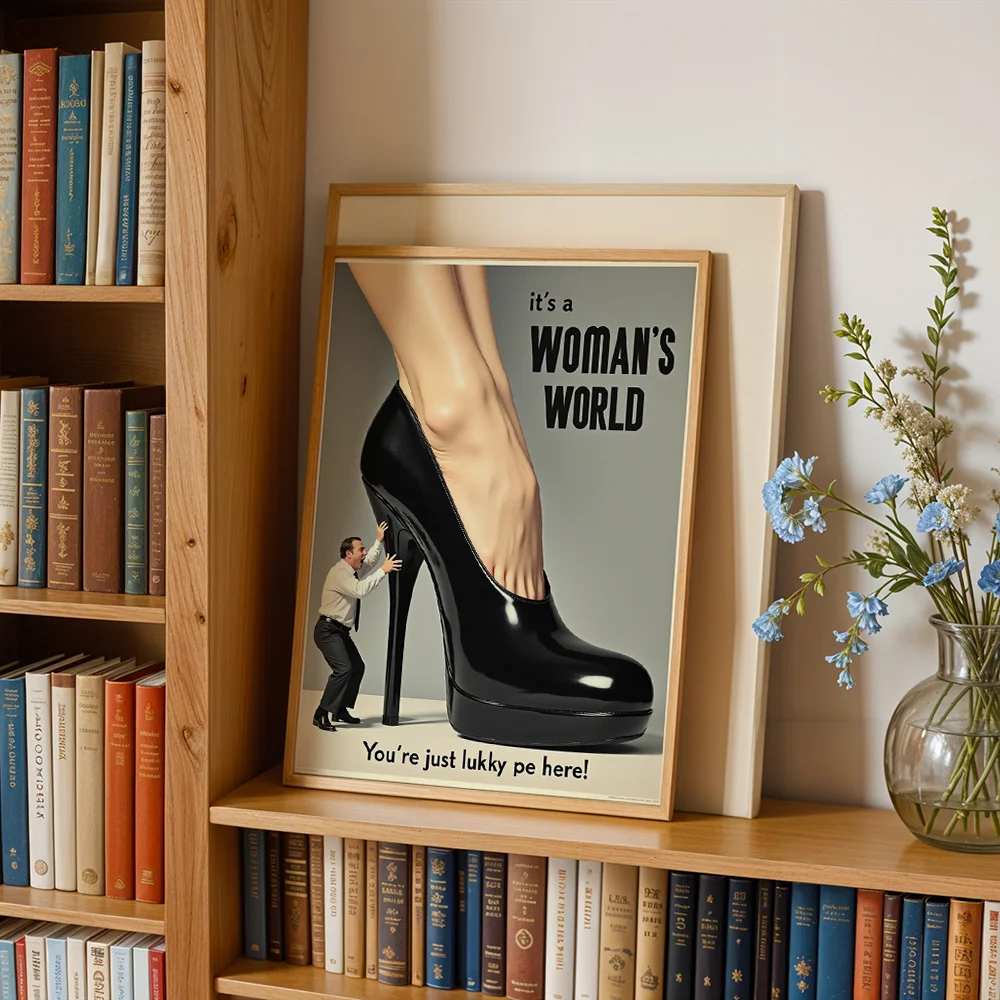 Vintage Abstract High‑Heel Shoes Text Canvas Poster Wall Art,2D Print Wall Decor,Fun Aesthetic Gift For Living Room & Bedroom