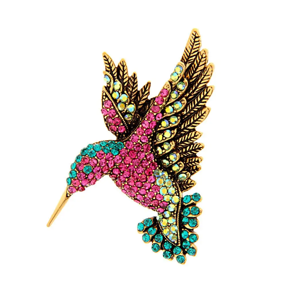 Beautiful Multi-color Hummingbird Rhinestone Brooch Pin Gold