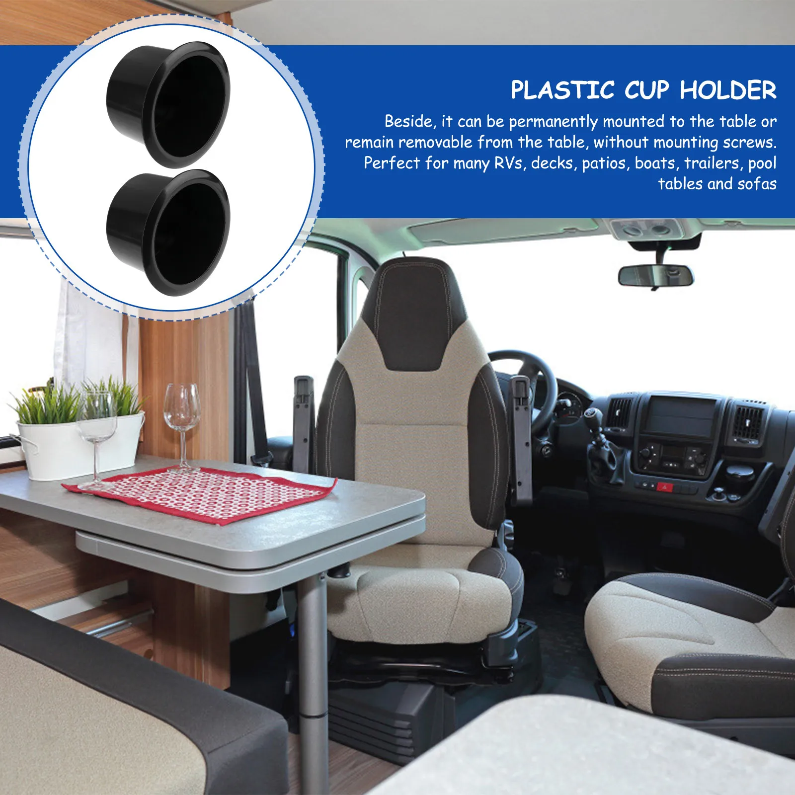 2Pcs Black Automotive-Grade Heavy-Duty Plastic Drop-in Cup Holder Insert for Rv Boat Game Table Sofa Car Dashboard Patios Decks