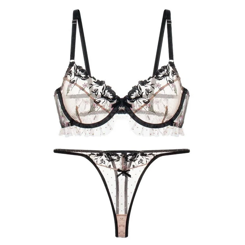 

Кружевной бюстгальтер с цветочной вышивкой, женский сексуальный тонкий прозрачный комплект нижнего белья, сетчатое нижнее белье, повседневный комплект с бюстгальтером и трусиками