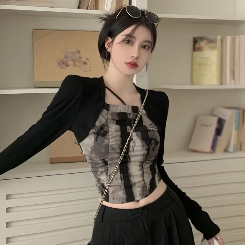 Autumn  Long-sleeved T-shirt Vintage Tie-dye Pleated Casual Women  Square Neck  New Contrast Color Stitching Cute Crop Tops