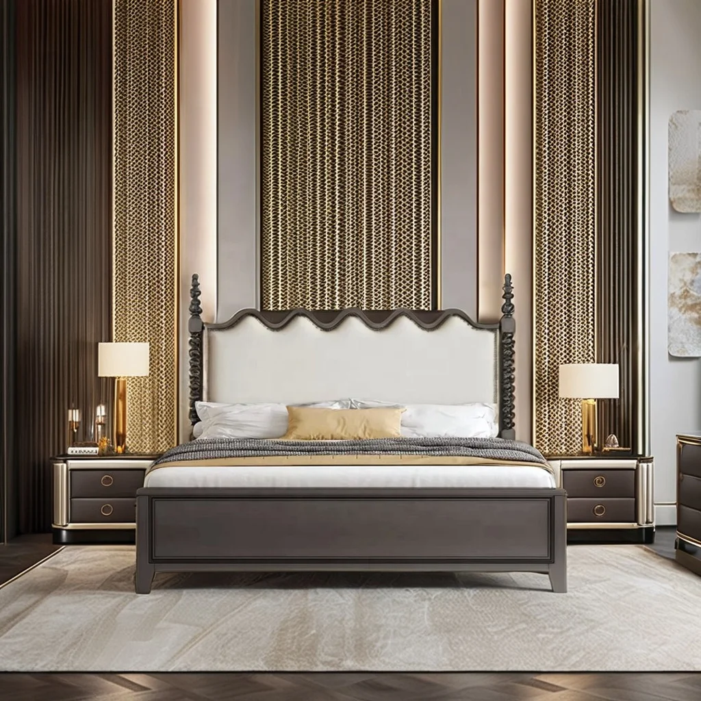 

#French Luxury Antique American Queen Bed with Retro Lighting Solid Wood Panel Double Wedding Bed for Master Bedroom