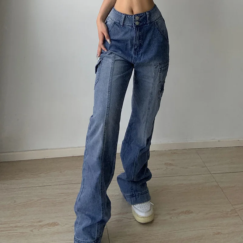 

2023 Women's New Spring Street High Waist Straight Casual Jeans Trousers Irregular Pocket Tooling Mopping Pants Dad Pants