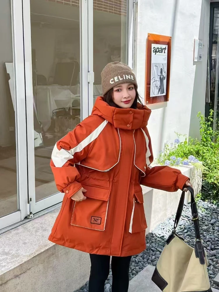 2025 겨울 여성용 신상 탈부착 후드 다운 재킷 컬러 블록 워크웨어 파카 오버코트 여성용 두꺼운 따뜻한 코트