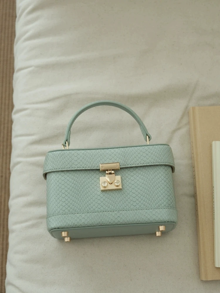 Fashion Blue Printed Design Box Bag\Handbag For Women Genuine Leather Tote Shoulder Bag Real Leather Simple Lady Crossbody Bag