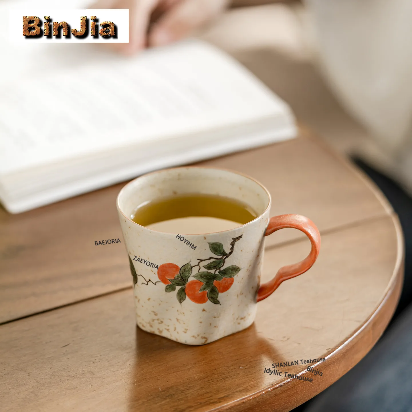BAEJORIA 200ml Handbemalter Kaffeebecher mit Kaki-Motiv, Haferflocken-Frühstücksbecher, Nachmittagstee-Becher, persönlicher Büro-Wasserbecher, Tischgeschirr