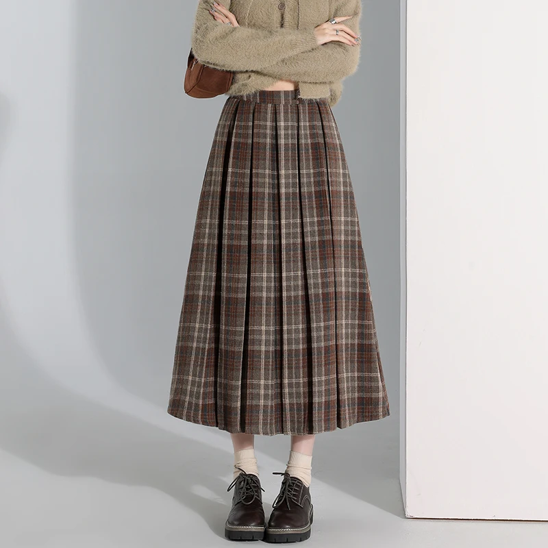 

Vintage Woolen Pleated Skirt Women Fall Winter High Quality Plaid Long Skirt Female Preppy Style Streetwear Faldas Mujer 2025