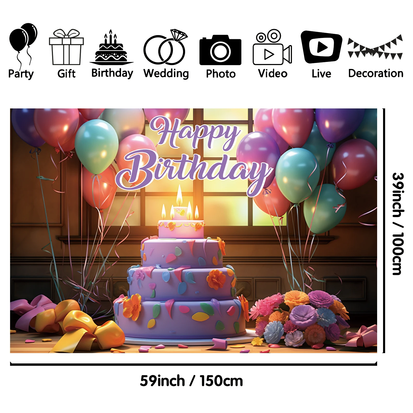 1PCS 100x150cm Happy Birthday(7) Theme Backdrop,Photography Background,Used To Gifts,Activities Or Other Party Decoration