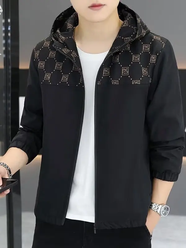 

Осень 2024, мужская повседневная куртка с капюшоном, тонкая модная легкая роскошная куртка с принтом, подставка из бычьей ткани, весна-осень