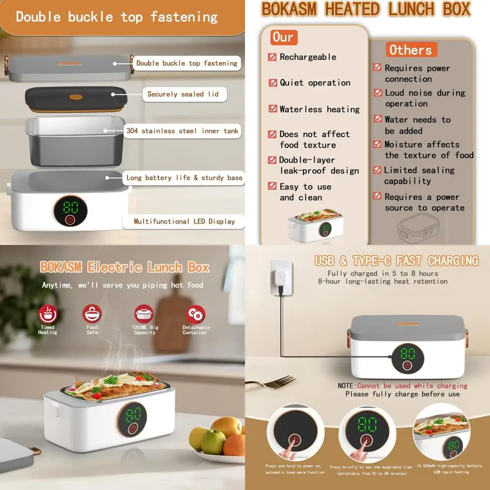 

Portable Rechargeable Electric Heated Lunch Box, 16000mAh Battery, 1000ml Capacity, Ideal for Travel, Outdoors, and Office