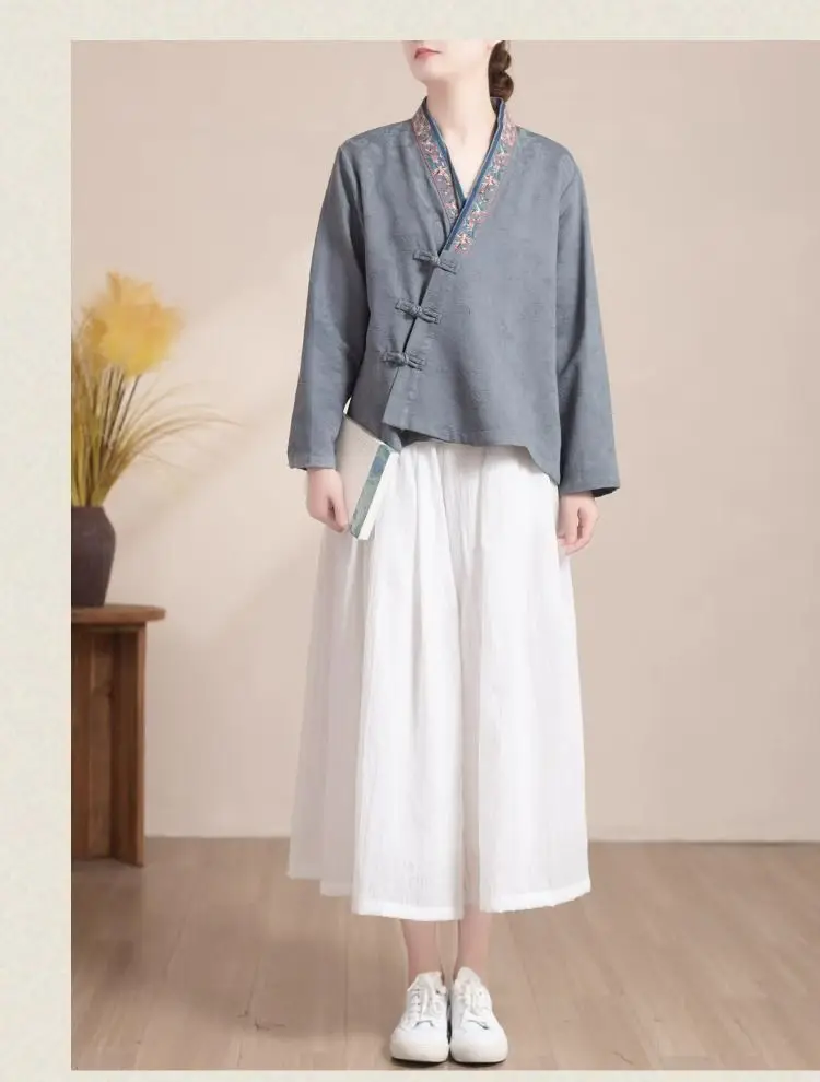 Chemisier en coton et lin de style chinois traditionnel pour femmes, olympiques tang, chemisier hanfu vintage, haut kimono, automne