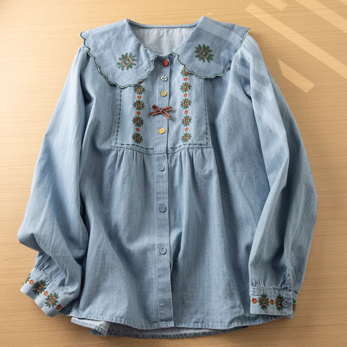 Vintage Embroidery Lolita Denim Shirt Blouses Women Autumn Mori Girl Embroider Long Sleeve Blouse Japanese Kawaii Top