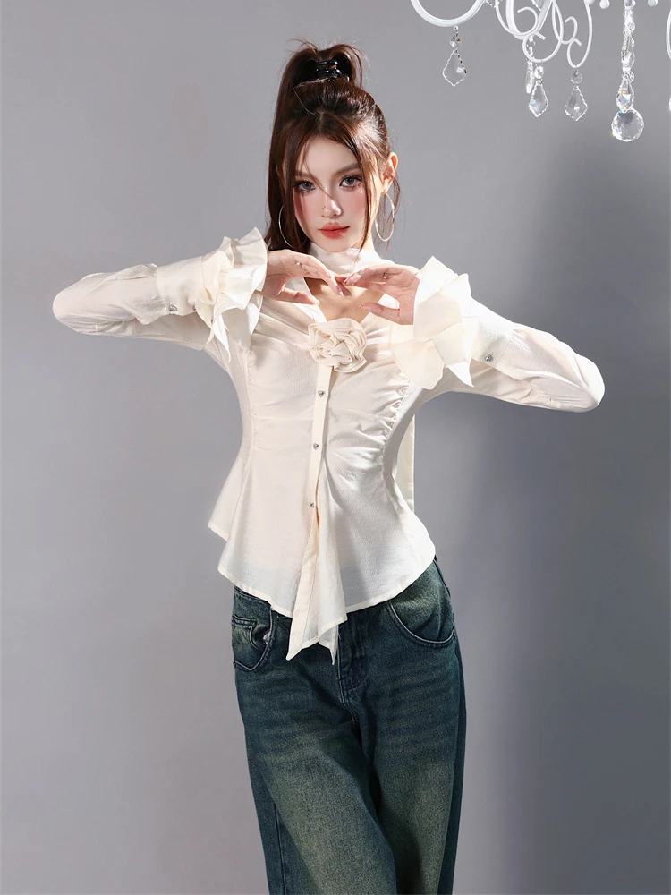 CHEERART Designer Long Sleeve Bandage Button Up Shirt V Neck Applique Beige Flare Sleeve Top Fall 2023 Fashion Women Clothing