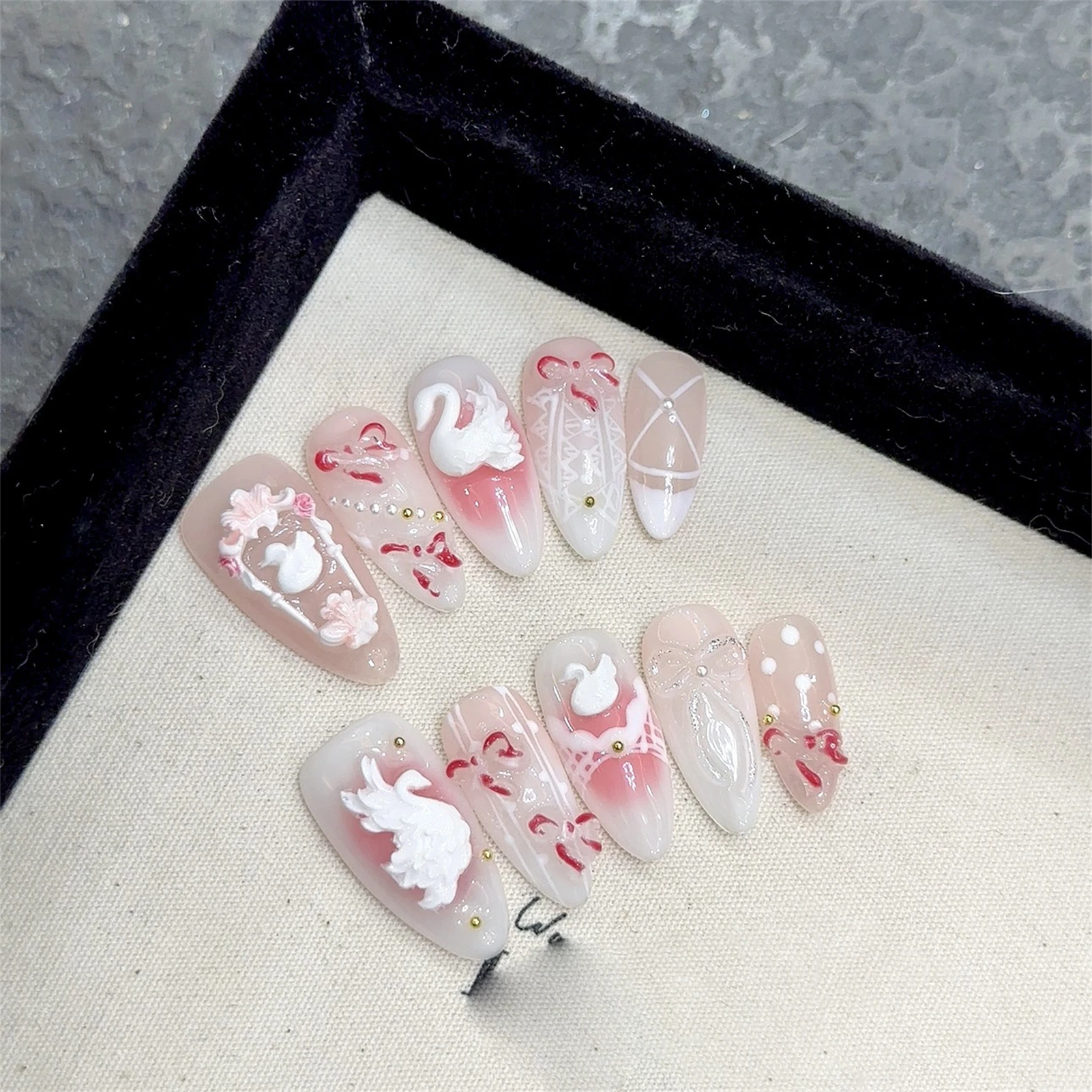 Handmade Press on Nails Light Pink Almond False Nails with 3D White Swan Decor Sweet French Fake Nail Tips for Girls Wearable