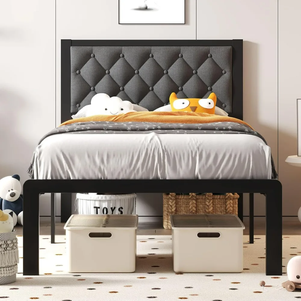 Fluest Twin Bed Frame with Headboard Linen Upholstered Bed Frame Platform,All Metal Slats Support Platform Bed Frame withStorage