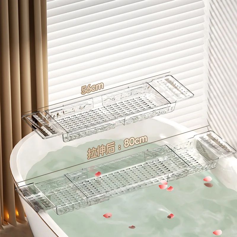 

Glacier pattern acrylic bathtub storage rack retractable 80cm flat tray bathroom tub stand