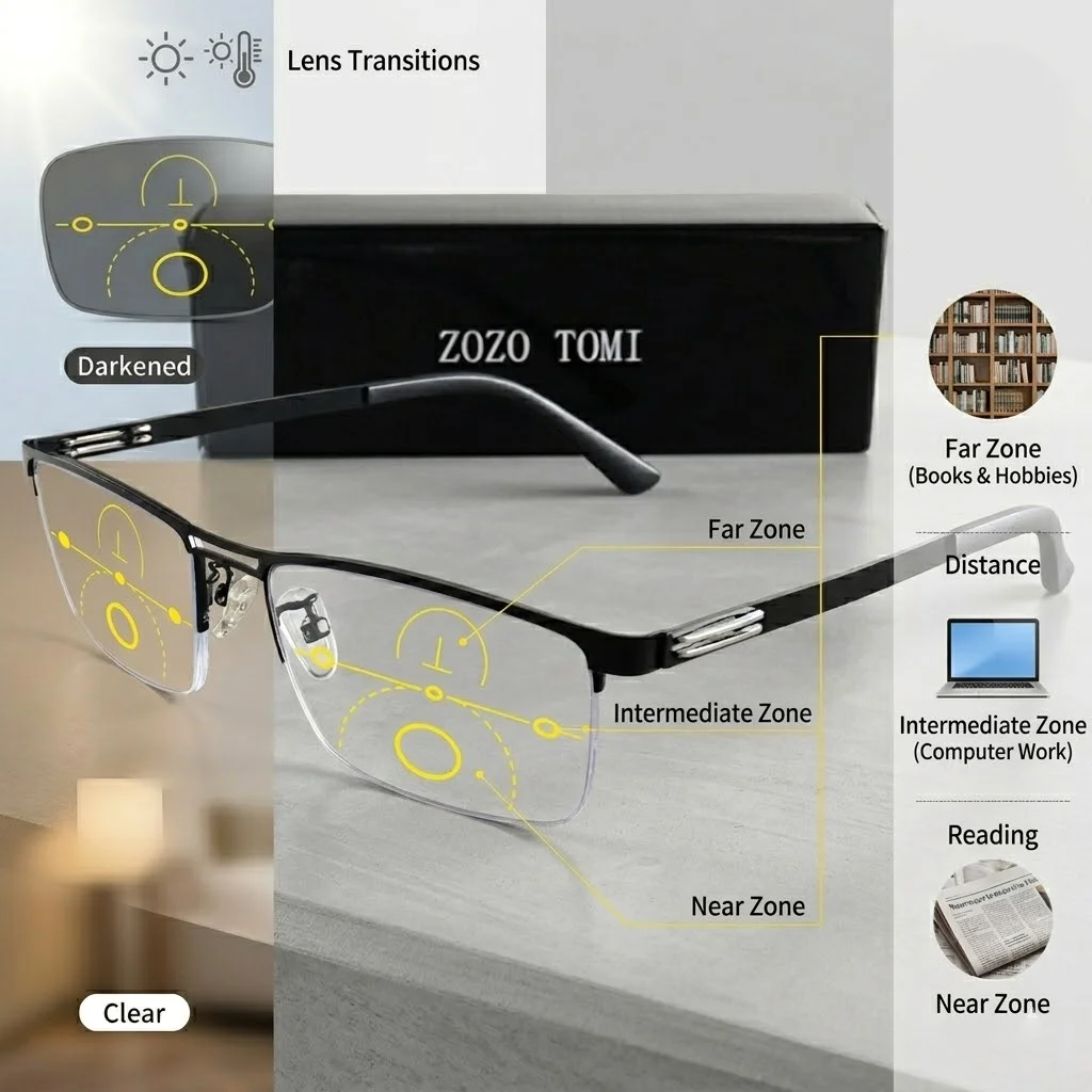 Photochrome progressive multifokale Lesebrille für Männer und Frauen, flexibler Titanrahmen, klare Gläser, angenehmes Tragen, kreatives Geschenk