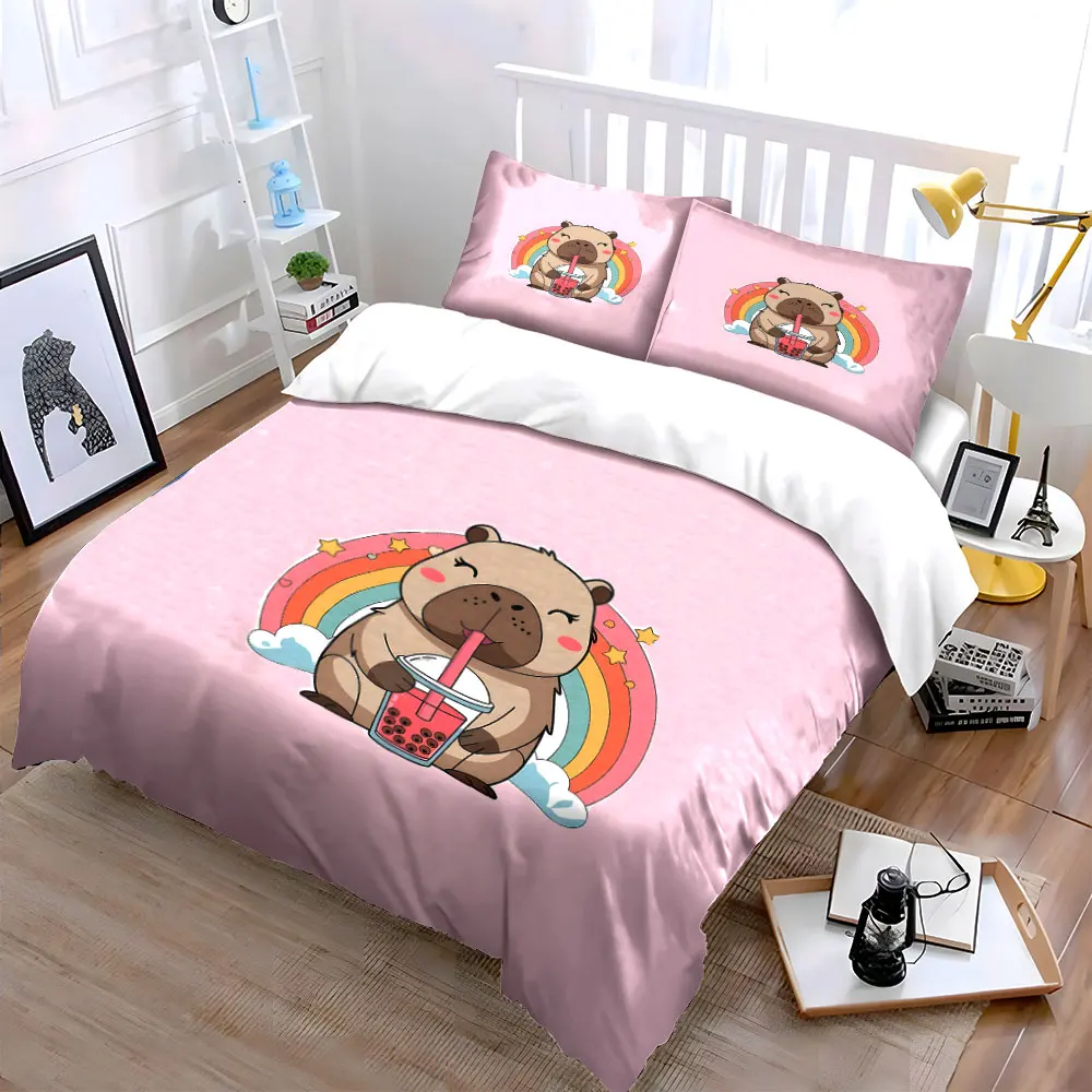 Adorable capybaras drinking milk tea Bedding Set for Kids Luxury Gift 3pcs Digital Print Comforter Set Soft Comfortable