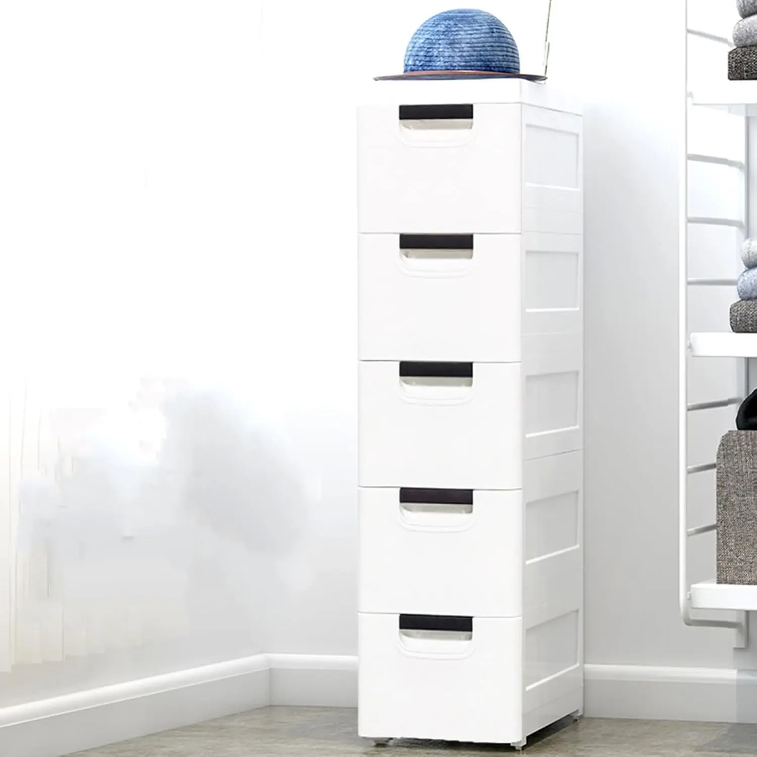 

5-Tier Plastic Drawer Narrow Wardrobe Storage Cabinet, Mobile Stackable Clothes Organizer Tower, Suitable for Home and Office