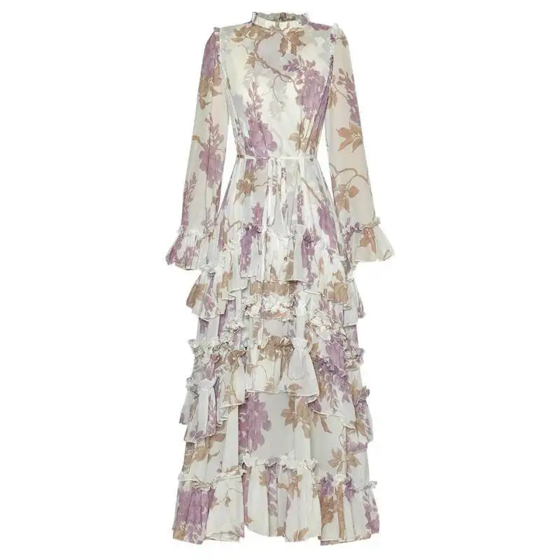 LEOSOXS – robe imprimée pour femmes, col rond, manches longues, taille haute, à volants, gâteau Floral, grande balançoire, printemps 2025