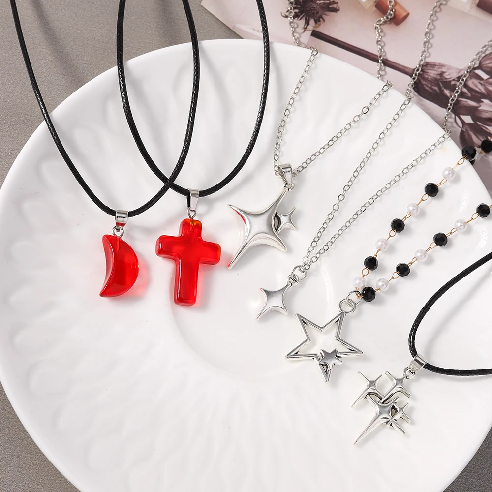 Aihua Neue Koreanische Mode Mond-Polaris-Stern-Anhänger Halskette für Damen und Herren Schwarze Seilkette Choker Y2k Party Schmuck Geschenke – Detail 2