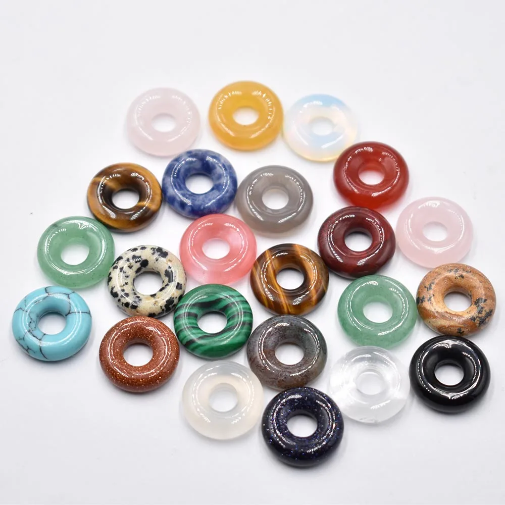 

Natural stone Quartz crystal tiger eye Opal Turquoises circle 15mm donut charms pendant for Diy jewelry making Necklace 26pcs