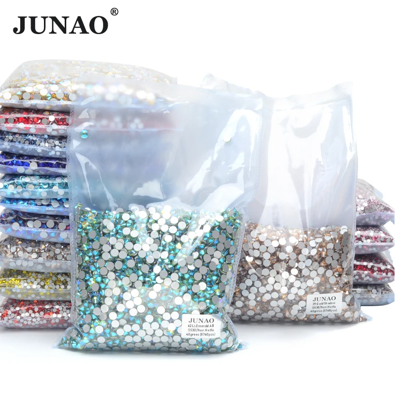 JUNAO Wholesale 100Gross SS6 SS20 Crystal AB Glass Rhinestone In Bulk Non Hot Fix Strass Appliques Flat Back Stones Nail Charms