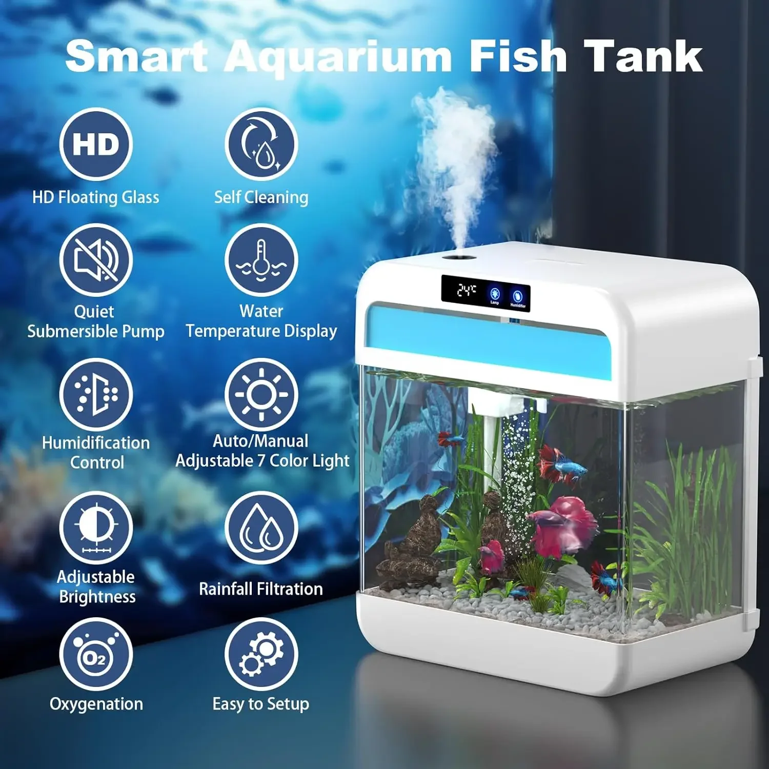 Fish Tank Aquarium 2.2 Gallon with Humidifier 7 Color Looping Light with Timer Self-Cleaning 3 in 1 Water Pump with Filteration