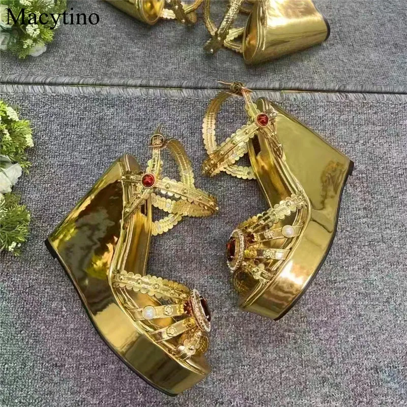 Wedge Heel Design Ladies Sandals Round Toe Gemstone Rhinestone Decorative Heightening Sandals Fashion Party Sandals