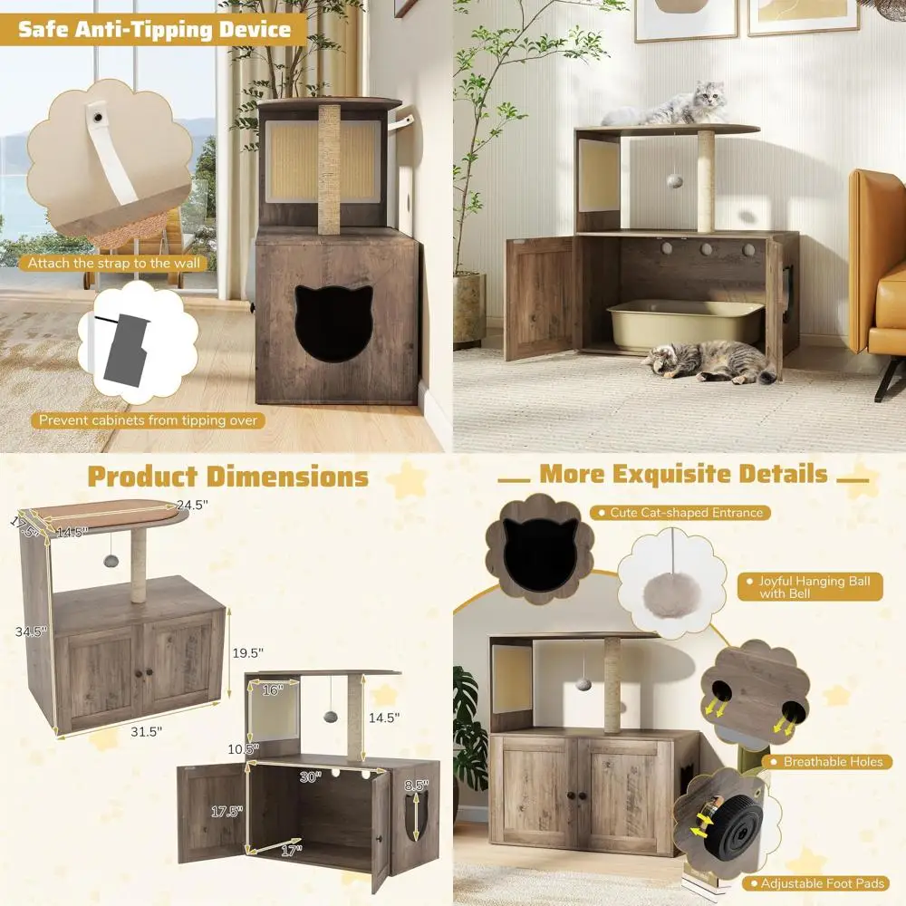 

Скрытый туалет-комод для кошек с сизалевой когтеточкой, ковриком, подвесным мячиком и вентиляционными отверстиями - в стиле фермерского дома, цвет дуб G