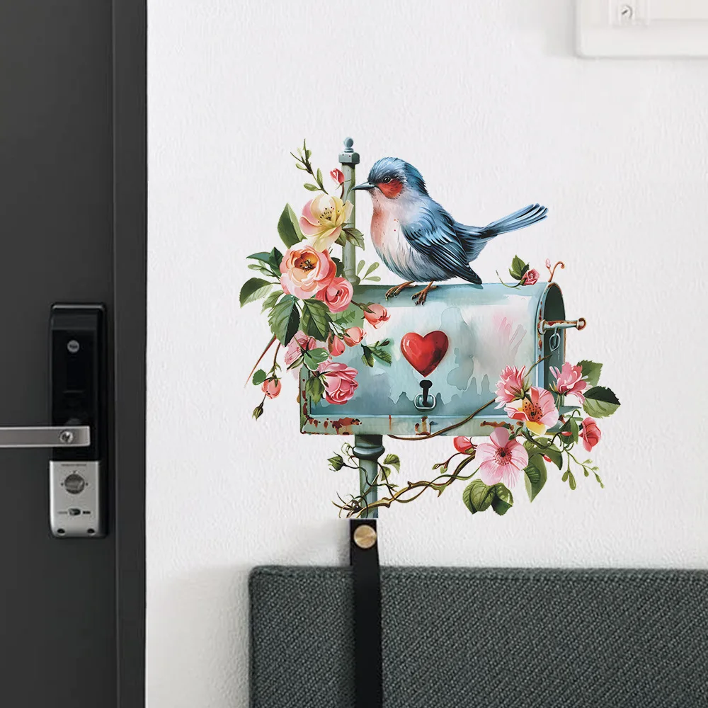 Cartoon Flower Bird Mailbox Wall Sticker Living Room Background Decoration Door Mural Bedroom Home Decor Self-adhesive Decals