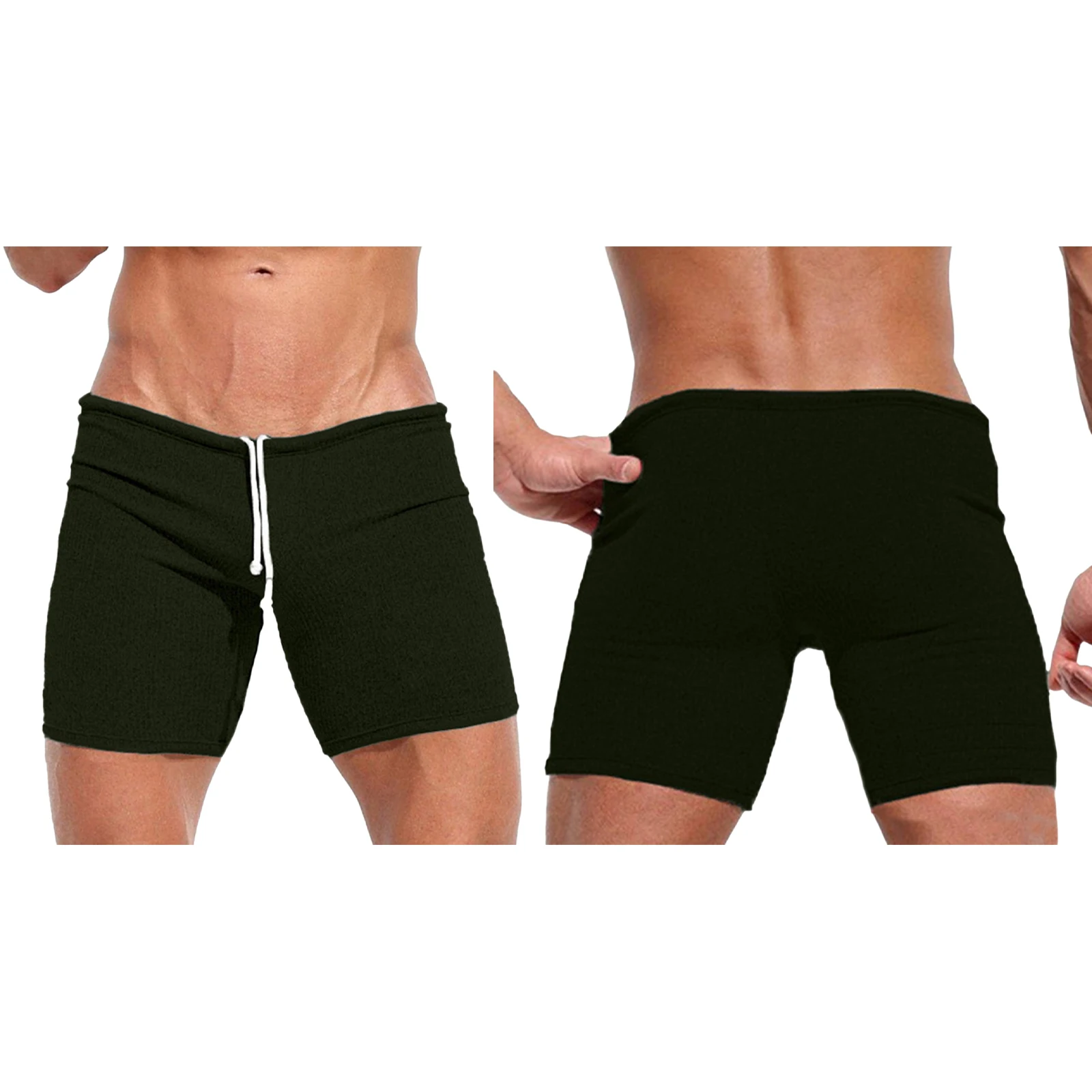 Men Active Ribbed Gym Shorts Drawstring Solid Color Breathable Stretchy Lightweight for Workout Running Fitness Training