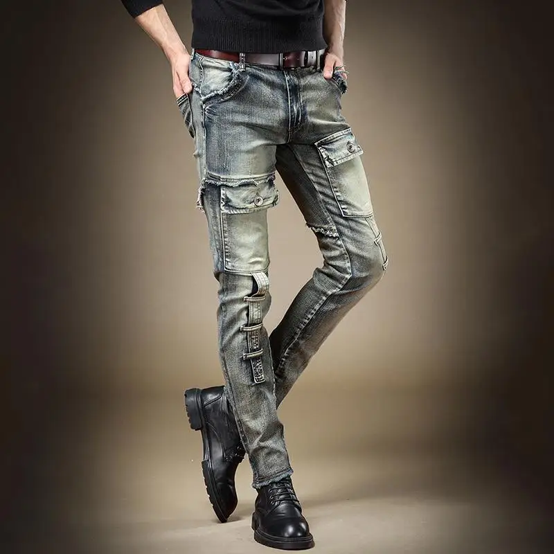 European and American Retro Heavy Industry Washed Tooling Jeans Men's Autumn and Winter Scratch and Grind Slim Fit Casual Pants
