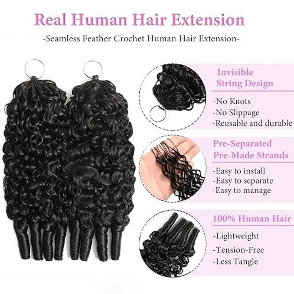 Human Crochet Hair for Black Women 14 - 24 Inch 60g 50 Strands Natural Black Burmese Curly Human Hair Bundles Pre-Separated Miracle Knots Feather Crochet 100% Human Hair Lightweight Reusable Hair Extensions - view 3